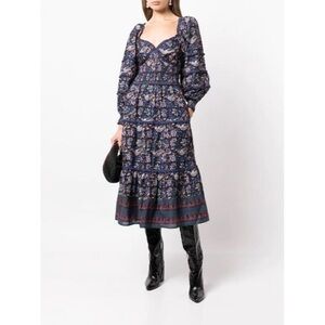 SEA New York Womens 4 Noah Long Sleeve Smocked Midi Dress Navy Purple Fall New